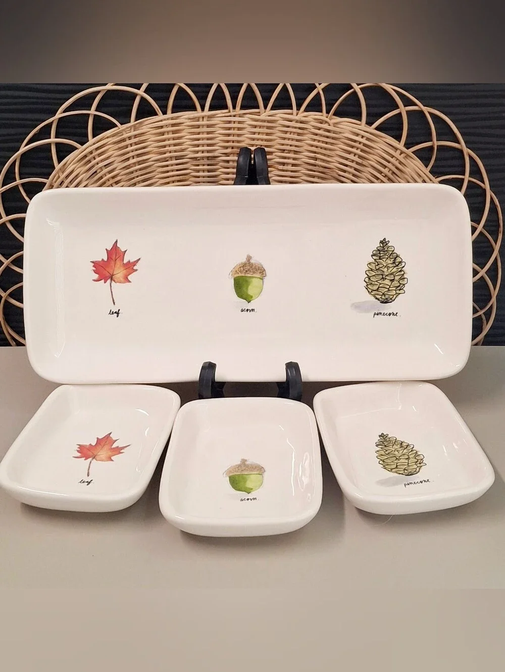 Rae Dunn Magenta 4 PC Serving Platter Appetizer Dish Nibbles Leaf/Acorn/Pinecone